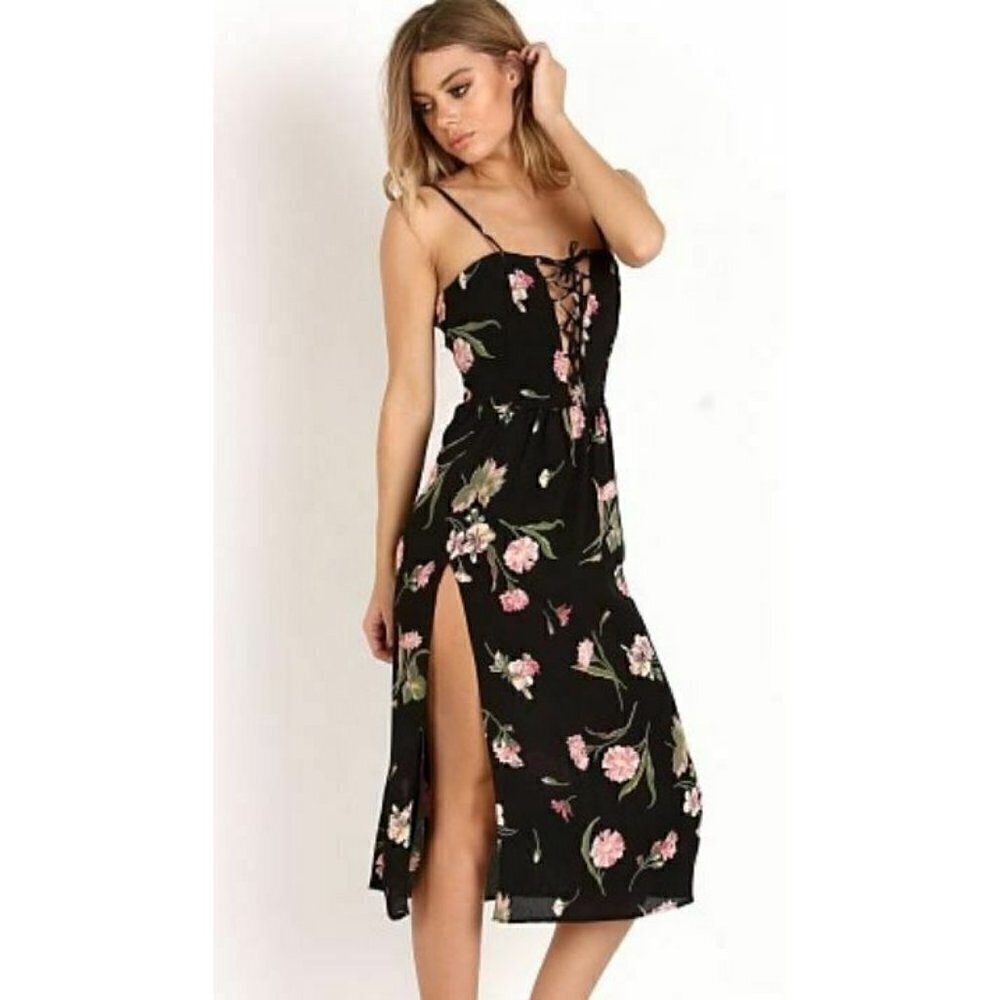 New Flynn Skye Mara Midi Night Bloom Dress Womens Large Black Pink Floral